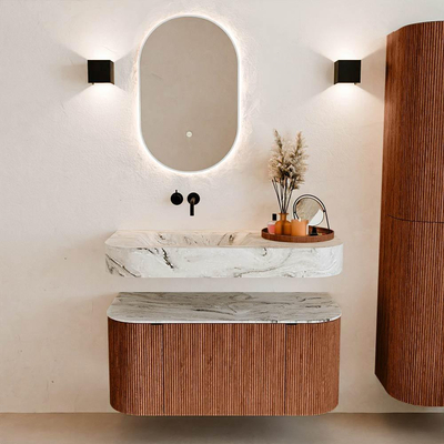 MONDIAZ THOR-DLUX 100cm meuble de salle de bains arrondi gauche + droite couleur Ruby avec 1 tiroir et 2 portes. Vasque suspendue CLOUD Gauche sans trou de robinet couleur Glace.