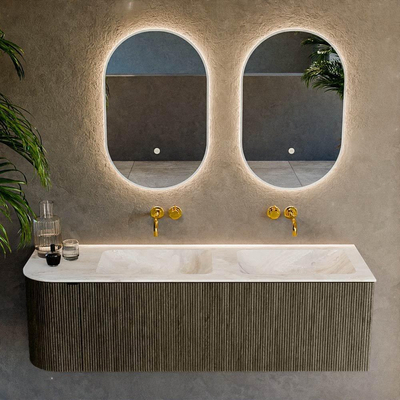 Mondiaz KURVE-DLUX Ensemble de meuble de salle de bains - 145x46x40cm - 1 tiroir - 1 porte - vasque solid surface - double / droite - sans trou de robinet - Shadow