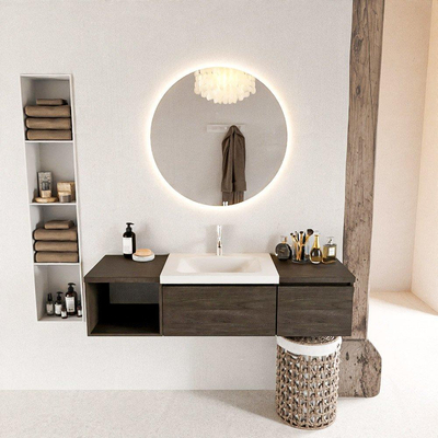 MONDIAZ BUKLA meuble de salle de bain 140cm avec module ouvert 40 à gauche couleur Marron Foncé avec 2 tiroirs. Lavabo CLOUD centre 1 trou de robinet couleur Talc.