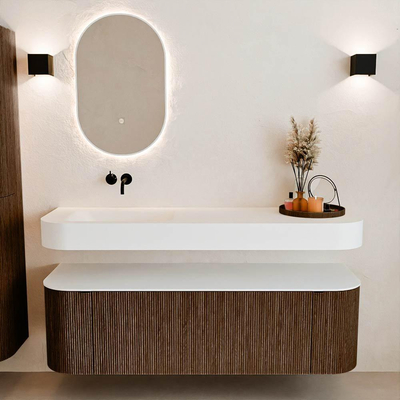 MONDIAZ THOR 150cm badmeubel ronding links + rechts kleur Walnut met 1 lade en 2 deuren. Vrijhangende wastafel CLOUD Links zonder kraangat kleur Talc.
