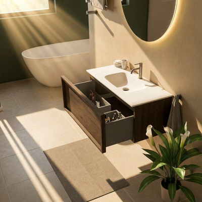 Saniclass Holz Frame Ensemble meuble de salle de bains - 100x45x41.5cm - Flow lavabo en solid surface blanc - 1 vasque - 1 trou de robinet - 1 tiroir - chêne charcoal mat (bois)