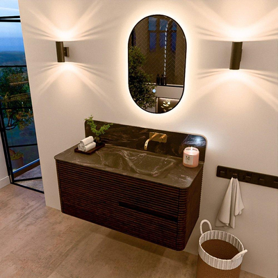 Mondiaz CIRO-DLUX Badkamermeubelset - 110x45x50cm - Solid surface wastafel Lava - 1 wasbak Rechts - zonder kraangaten - 2 lades - Walnut