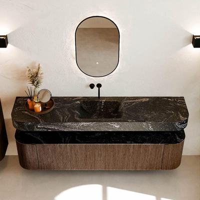 MONDIAZ THOR-DLUX Meuble de salle de bains - 190cm - arrondi gauche + droite - couleur Walnut - 2 tiroirs et 2 portes - Vasque suspendue CLOUD Milieu sans trou de robinet - couleur Lava