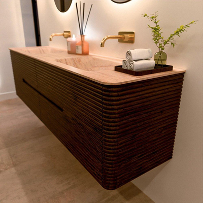 Mondiaz CIRO-DLUX Meuble de salle de bains - 180x45x50cm - plan-vasque solid surface Saba - 2 vasques Double - sans trous de robinetterie - 4 tiroirs - Noyer