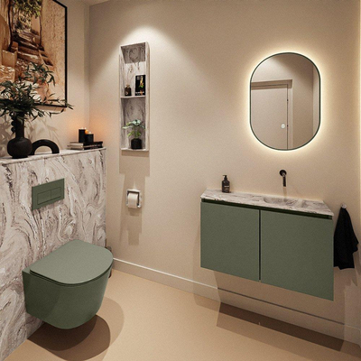 MONDIAZ TURE-DLUX Meuble toilette - 80cm - Army - EDEN - vasque Glace - position droite - sans trou de robinet