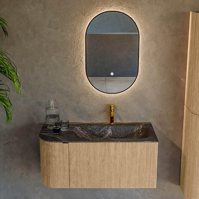 MONDIAZ KURVE-DLUX meuble de salle de bains 95 cm avec module 25 L couleur chêne avec 1 tiroir et 1 porte. Vasque BIG SMALL droite 1 trou de robinetterie couleur lave.