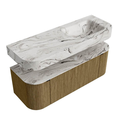 MONDIAZ THOR-DLUX 130cm meuble de salle de bains arrondi gauche + droite couleur Dusk avec 1 tiroir et 2 portes. Vasque suspendue CLOUD droite sans trou de robinet couleur Glace.