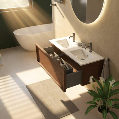 Saniclass Holz Frame Ensemble de meubles de salle de bains - 120x45x42cm - lavabo Vygo en céramique blanc - 2 vasques - 2 trous de robinetterie - 1 tiroir - walnut pure mat (bois)