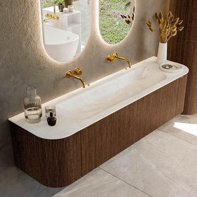 MONDIAZ KURVE-DLUX 170cm badmeubel met module 25 Len R kleur Walnut met 1 lade en 2 deuren. Wastafel BIG LARGE midden zonder kraangat kleur Ostra.