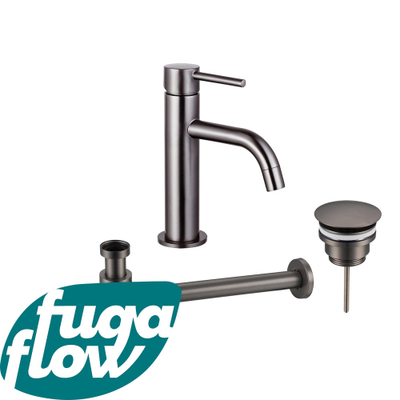 FugaFlow Eccelente Sobrado Badkamer Slim Wastafelkraanset - lage wastafelkraan - always open plug - design sifon - PVD Gepolijst Gunmetal