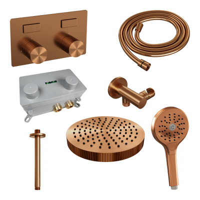 BRAUER Stripe Thermostatische Inbouw Regendouche - drukknoppen - SET 30 - 25cm douchekop - plafondarm - 3-standen handdouche - doucheslang - wandaansluitbocht - koper geborsteld PVD