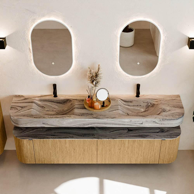 MONDIAZ THOR-DLUX 200cm meuble de salle de bains arrondi gauche + droite couleur Oak avec 2 tiroirs et 2 portes. Vasque suspendue CLOUD Double 2 trous de robinet couleur Sombra.