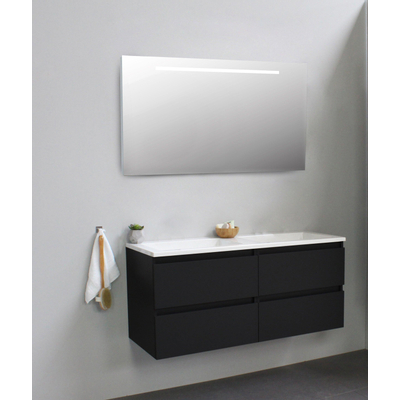 Basic Line Bella Badkamermeubelset - 120x55x46cm - 2 wasbakken - Acryl - Wit - 0 kraangaten - Wandspiegel met verlichting - Melamine Zwart mat