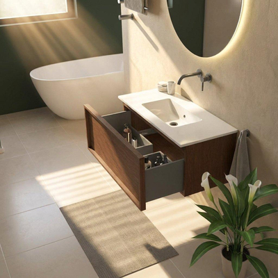Saniclass Holz Frame Ensemble de meuble de salle de bains - 100x45x42cm - Vygo lavabo en céramique blanc - 1 vasque - sans trou de robinet - 1 tiroir - walnut pure mat (bois)