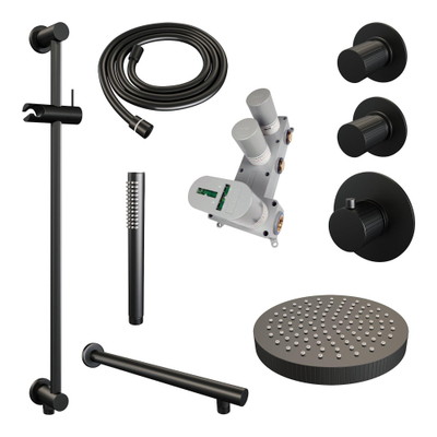 BRAUER Stripe Thermostatische Inbouw Regendouche - SET 07 - 25cm douchekop - rechte muurarm - staaf handdouche - doucheslang - geïntegreerde glijstang - mat zwart
