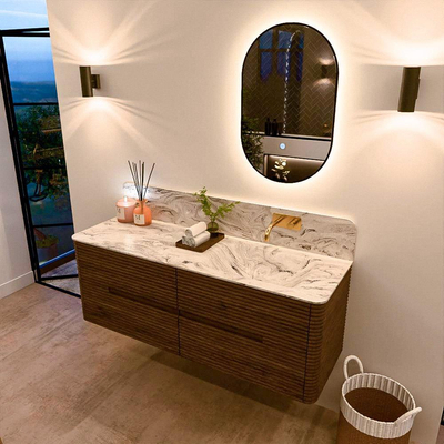 Mondiaz CIRO-DLUX Ensemble de meubles de salle de bains - 140x45x50cm - plan vasque solid surface Glace - 1 lavabo à droite - sans trous de robinet - 4 tiroirs - Dusk
