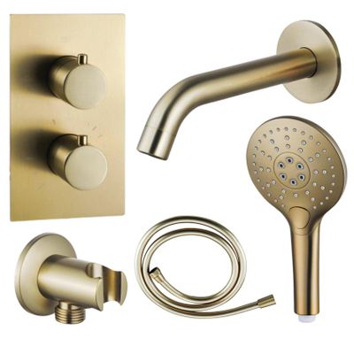 FugaFlow Eccelente Acces Badkraan set - uitloop - 22cm inkortbaar - gladde slang - ronde handdouche - inbouwdeel - wandhouder - geborsteld messing