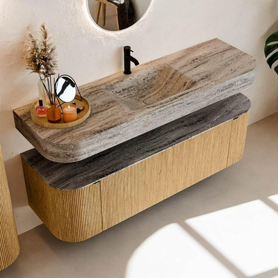 MONDIAZ THOR-DLUX 150cm meuble de salle de bains arrondi gauche + droite couleur Oak avec 1 tiroir et 2 portes. Vasque suspendue CLOUD Milieu 1 trou de robinet couleur Oza.