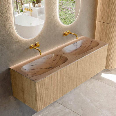 MONDIAZ KURVE-DLUX 140cm badmeubel kleur Oak met 2 lades en 0 deuren. Wastafel STOR SMALL Dubbel zonder kraangat Arena.