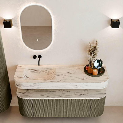 MONDIAZ THOR-DLUX 140cm meuble de salle de bains arrondi gauche + droite couleur Shadow avec 1 tiroir et 2 portes. Vasque suspendue CLOUD Gauche sans trou de robinet couleur Nata.