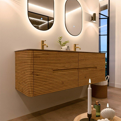 Mondiaz CIRO-DLUX Badkamermeubelset - 150x45x50cm - Solid surface wastafel Sombra - 2 wasbak Dubbel - 2 kraangaten - 4 lades - Oak
