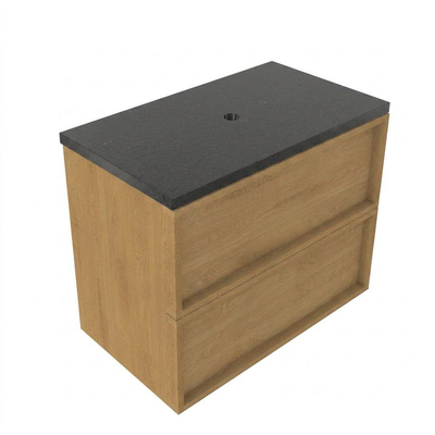 Saniclass Holz Frame Ensemble meuble de salle de bains - 80x45x63cm - Plan vasque en basalte Noche poli (noir) - sans trou de robinet - 2 tiroirs - chêne natural mat (bois)