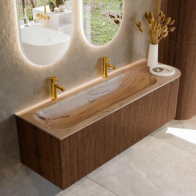 MONDIAZ KURVE-DLUX 145cm meuble de salle de bains arrondi Droite couleur Walnut avec 1 tiroir et 1 porte. Lavabo BIG LARGE Gauche 2 trous de robinet Arena.