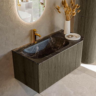 Mondiaz KURVE-DLUX Ensemble de meuble salle de bain - 95x46x40cm - 1 tiroir - 1 porte - lavabo en solid surface - gauche - 1 trou de robinet - Shadow