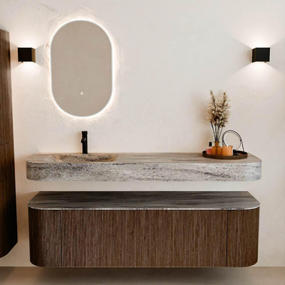 MONDIAZ THOR-DLUX 160cm badmeubel ronding links + rechts kleur Walnut met 1 lade en 2 deuren. Vrijhangende wastafel CLOUD Links 1 kraangat kleur Oza.