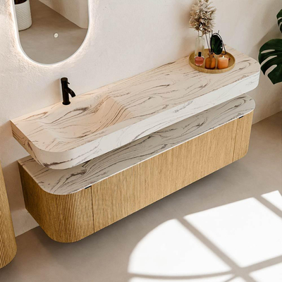 MONDIAZ THOR-DLUX 170cm meuble de salle de bains arrondi gauche + droite couleur Oak avec 1 tiroir et 2 portes. Vasque suspendue CLOUD Gauche 1 trou de robinet couleur Nata.