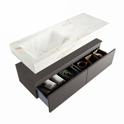 Mondiaz ALAN-DLUX Ensemble de meuble - 120cm - meuble Dark grey mat - 2 tiroirs - Lavabo Cloud Frappe suspendu - vasque Gauche - 0 trous de robinet