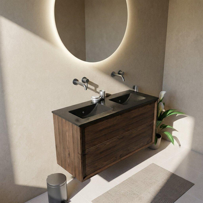 Saniclass Holz Frame Ensemble meuble de salle de bains - 120x45x62cm - lavabo Vygo en céramique noir - 2 vasques - sans trous de robinetterie - 2 tiroirs - chêne charcoal mat (bois)