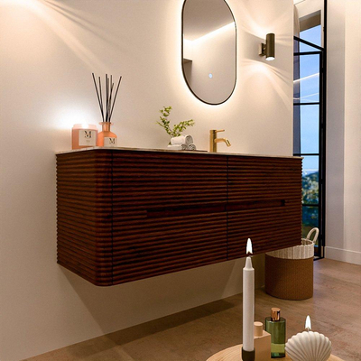 Mondiaz CIRO-DLUX Badkamermeubelset - 130x45x50cm - Solid surface wastafel Frappe - 1 wasbak Rechts - 1 kraangat - 4 lades - Ruby