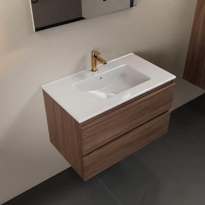 Mondiaz AIVY Ensemble de meuble - 80x45x50cm - 1 trou de robinet - 1 vasque Talc céramique - Centre - 2 tiroirs - avec miroir - Melamine Mocha