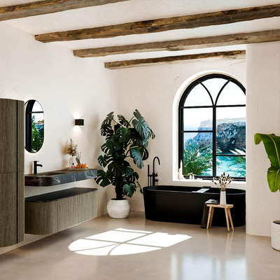 MONDIAZ THOR-DLUX 140cm meuble de salle de bains arrondi gauche + droite couleur Shadow avec 1 tiroir et 2 portes. Vasque suspendue CLOUD Gauche 1 trou de robinet couleur Lava.