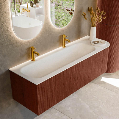 Mondiaz KURVE Ensemble de meuble de salle de bains - 145x46x40cm - 1 tiroir - 1 porte - lavabo solid surface - gauche - 2 trous de robinet - Ruby