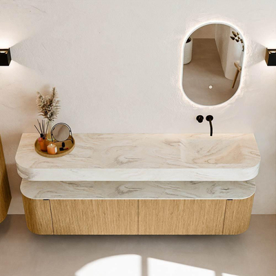 MONDIAZ THOR-DLUX Meuble de salle de bains 190cm arrondi gauche + droite couleur Oak avec 2 tiroirs et 2 portes. Vasque suspendue CLOUD Droite sans trou de robinet couleur Ostra.