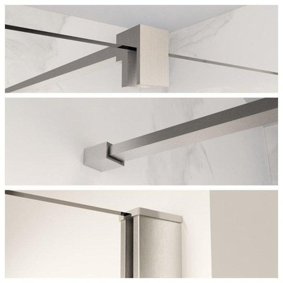Fortifura Galeria Halfhoge Inloopdouche - 100x80cm - rookglas - 8mm - nano - met profiel en stabilisatiestang - Geborsteld RVS PVD (RVS)