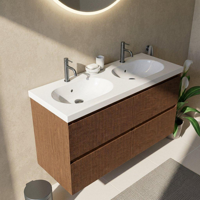 Saniclass Holz Atelier Ensemble de meubles de salle de bains - 120x45x63.5cm - Lavabo en céramique Palermo blanc - 2 vasques - 2 trous de robinetterie - 2 tiroirs - walnut pure mat (bois)