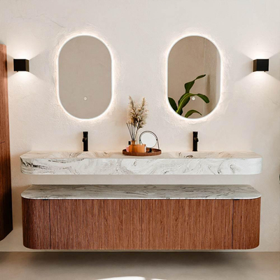 MONDIAZ THOR-DLUX Meuble de salle de bains 190cm arrondi gauche + droite couleur Ruby avec 2 tiroirs et 2 portes. Vasque suspendue CLOUD Double 2 trous de robinet couleur Glace.