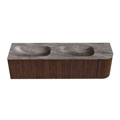 MONDIAZ KURVE-DLUX meuble de salle de bains 165cm arrondi à droite couleur Walnut avec 2 tiroirs et 1 porte. Lavabo STOR SMALL double / gauche sans trou de robinet Oza.