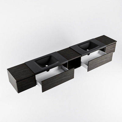 MONDIAZ BUKLA 280cm badmeubel met open module 40 midden kleur Dark Brown met 4 lades. Wastafel CLOUD dubbel 2 kraangaten kleur Urban.