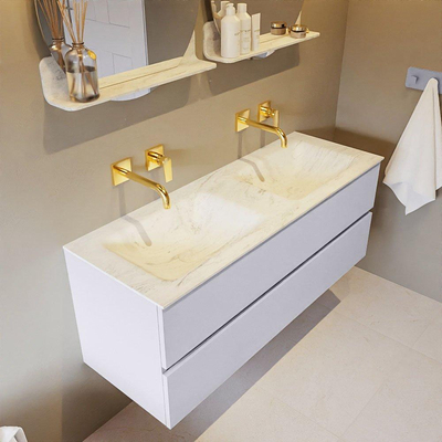 Mondiaz VICA-DLUX ensemble de meuble de salle de bain - 130cm - meuble sous-vasque cale - 2 tiroirs - lavabo encastrée cloud double - sans trous de robinet - version haute de 60cm - opalo