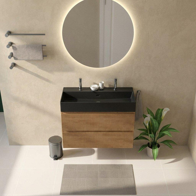 Saniclass Holz Atelier Badkamermeubelset - 100x45x72cm - Legend keramische wastafel mat zwart - 1 wasbak - 2 kraangaten - 2 lades - mat eiken natural (hout)
