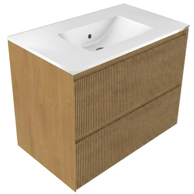 Saniclass Holz Atelier Ensemble de meubles de salle de bains - 80x45x62cm - lavabo Vygo en céramique blanc - 1 vasque - 1 trou de robinetterie - 2 tiroirs - chêne naturel mat (bois)