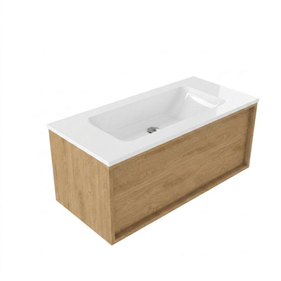 Saniclass Holz Frame Ensemble meuble de salle de bains - 100x45x57.5cm - lavabo Torino en solid surface blanc - sans trou de robinetterie - 1 tiroir - chêne natural mat (bois)