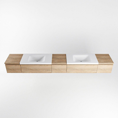 MONDIAZ BUKLA 280cm badmeubel met module 40 kleur Washed Oak met 5 lades. Wastafel CLOUD dubbel 0 kraangaten kleur Talc.