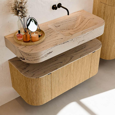 MONDIAZ THOR-DLUX 110cm badmeubel ronding links + rechts kleur Oak met 1 lade en 2 deuren. Vrijhangende wastafel CLOUD Rechts zonder kraangat kleur Arena.