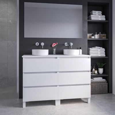 Adema Chaci PLUS Ensemble de meuble - 119x86x45.9cm - vasque à poser sur plan - robinets encastrables Inox - 6 tiroirs - miroir rectangulaire - blanc mat