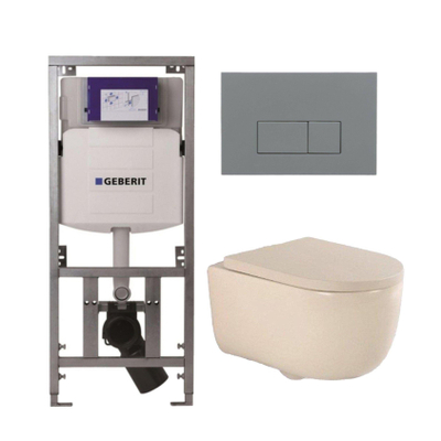 QeramiQ Dely Swirl Toiletset - 36.3x51.7cm - Geberit UP320 inbouwreservoir - met Burda frame - 35 mm zitting - bedieningsplaat licht grijs - rechthoekige knoppen - beige